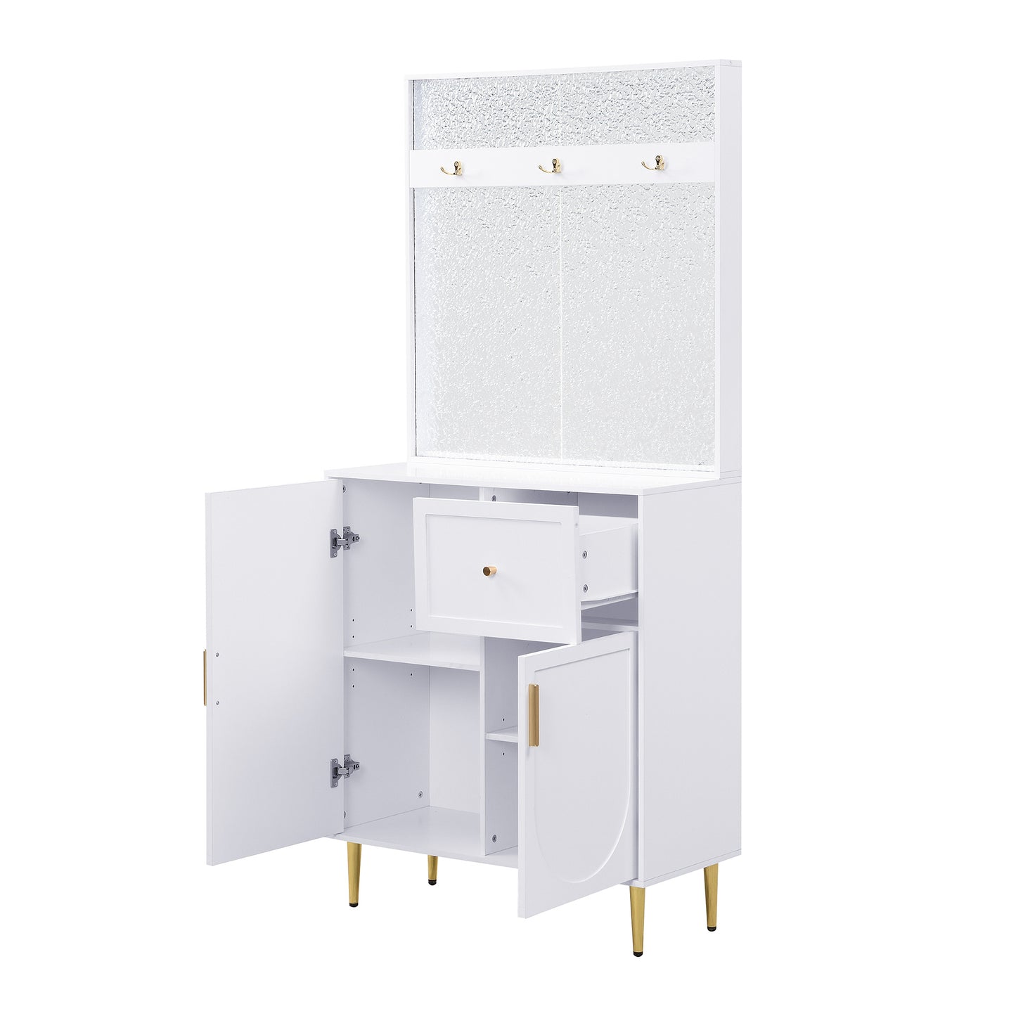 BTM Compact Wardrobe Hall Cabinet in White with Adjustable Shelves, Soft-Close Hinges, Hook Rail, Arched Doors, and Gold Metal Legs, Modern Hall Furniture 80×175.5×35 cm