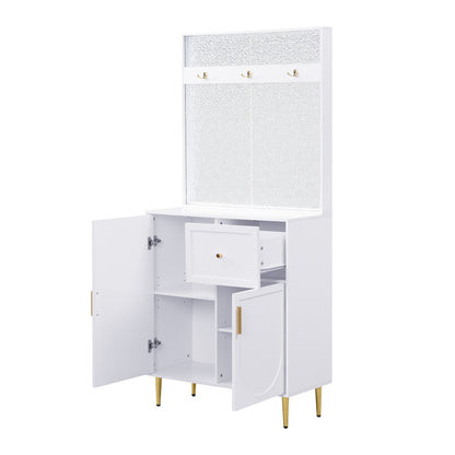 BTM Compact Wardrobe Hall Cabinet in White with Adjustable Shelves, Soft-Close Hinges, Hook Rail, Arched Doors, and Gold Metal Legs, Modern Hall Furniture 80×175.5×35 cm