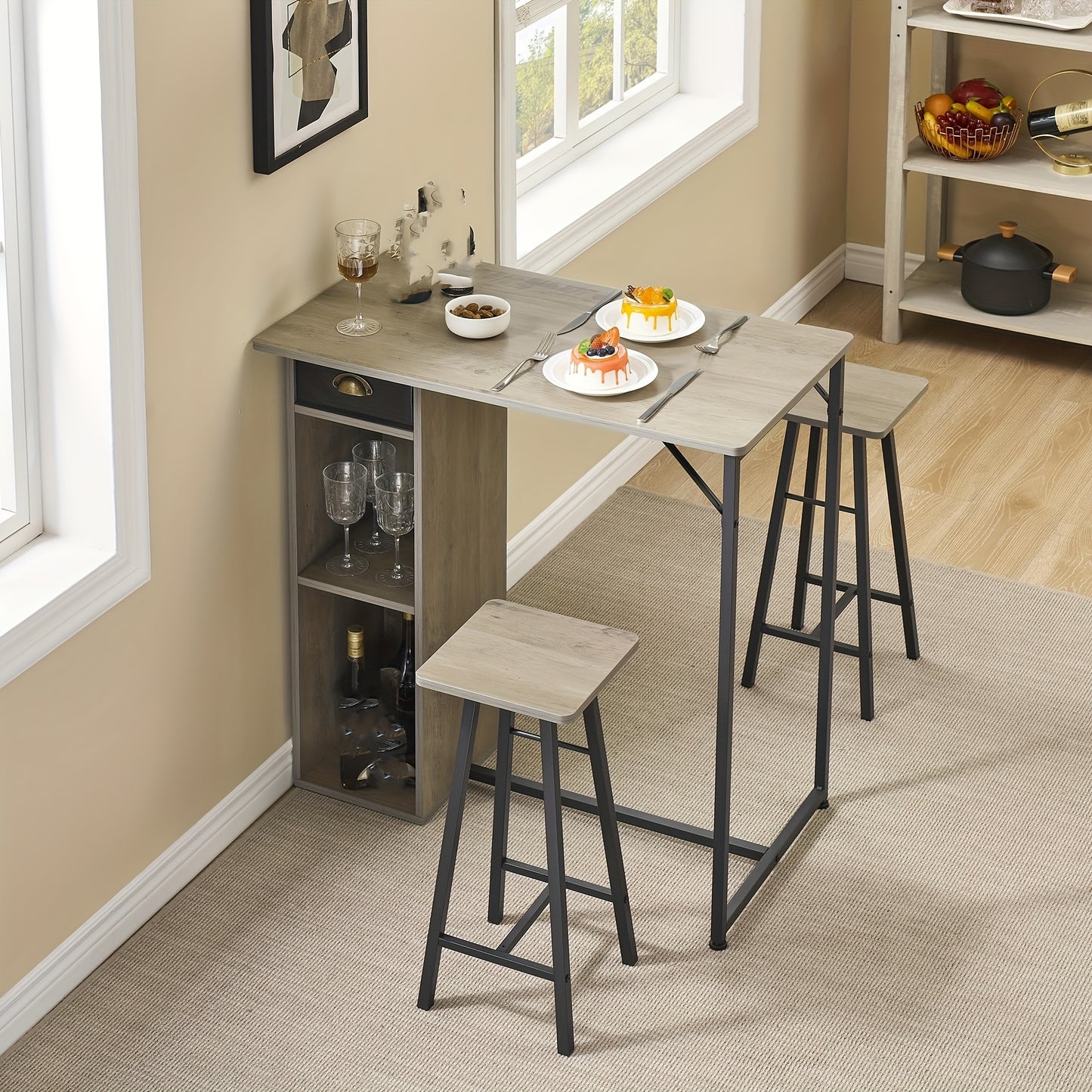 Retro Barset – Bistroset – Eettafelset – Barmeubel – Koffietafel – Compact Formaat – Inclusief Opberglade – Grijs