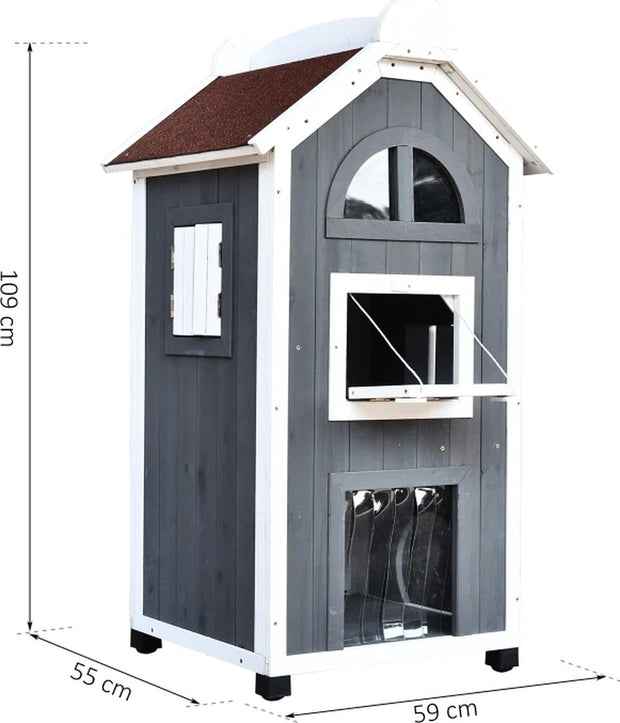 Kattenhuis - voor Ouiten - Hok - Kooi - Bench - Ren - 2 Verdiepingen - Duurzaam - Grijs