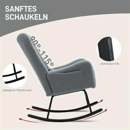 Schommelstoel – Relaxstoel – Fauteuil – Voedingsstoel – Loungestoel – Teddy Stof Grijs – Met Lendenkussen & Zijvakken – Metalen Frame & Gewatteerde Armleuningen