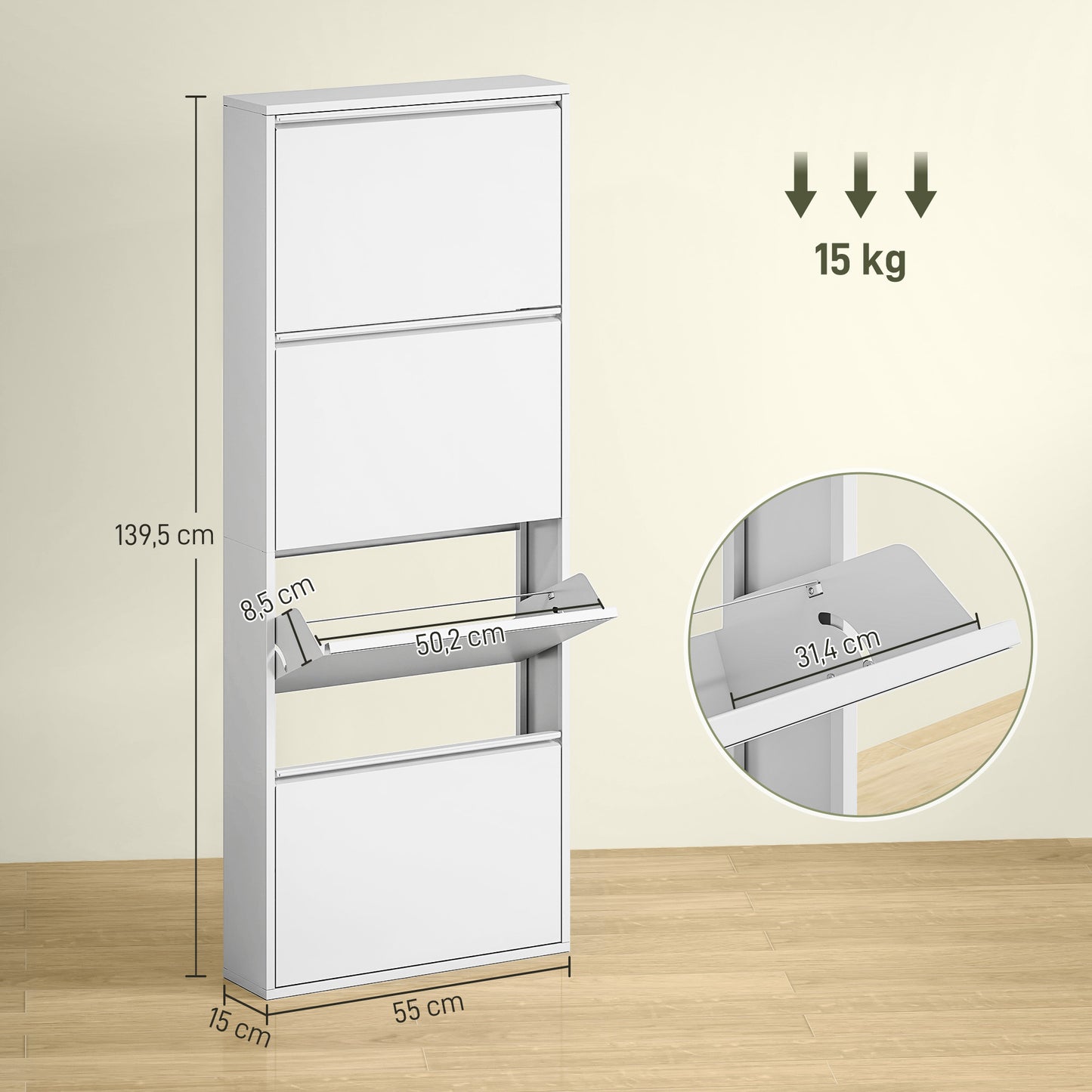 Schoenenkast – Schoenenrek – Schoenenopberger – Schoenenbank – Smalle Metalen Kast – 4 Kantelbare Lades – Geschikt Voor 8 Paar Schoenen – Wit