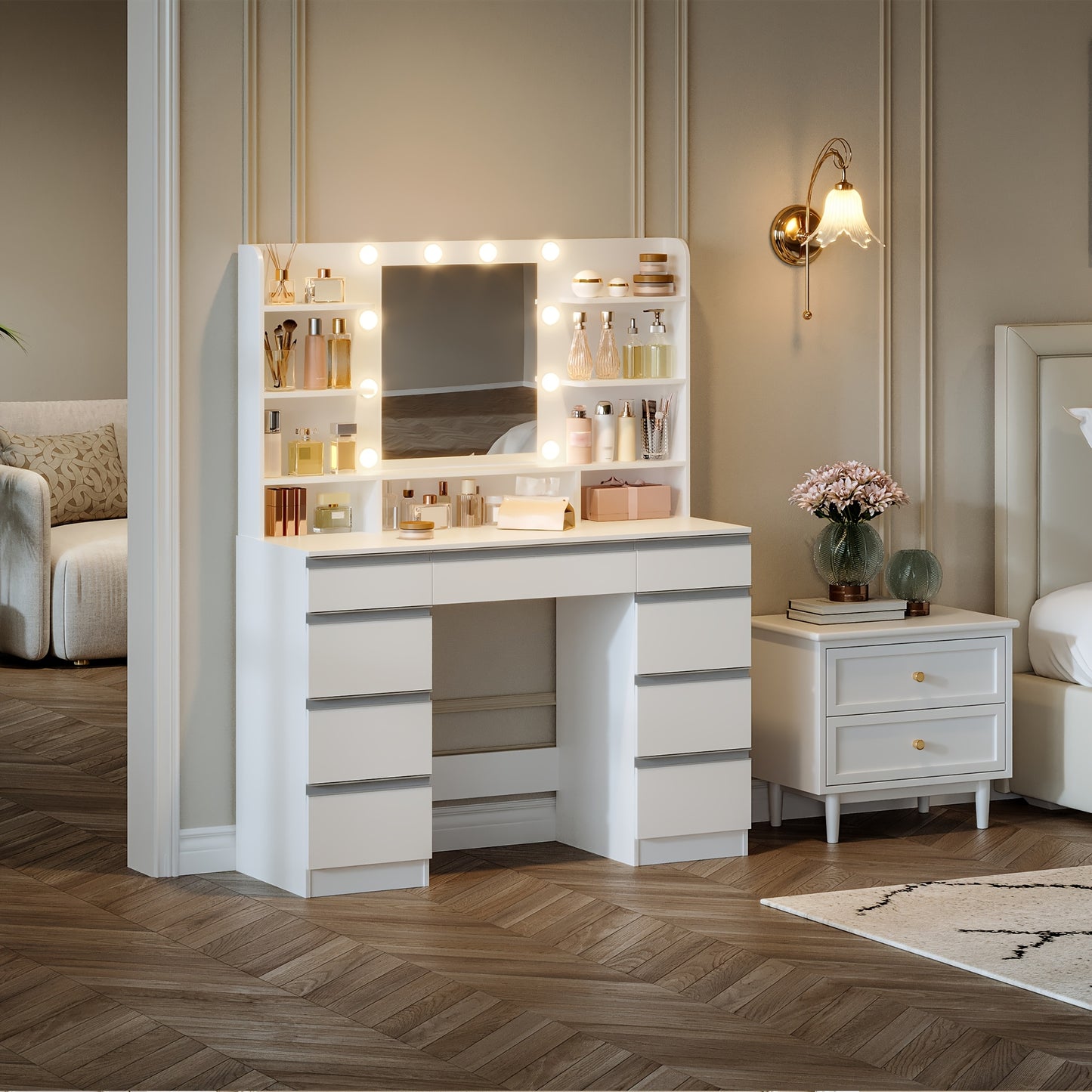 Make-uptafel – Kaptafel – Make-uptafel – Make-upmeubel – Schminktafel – Wit met Gouden Accenten – Grote HD Spiegel – Verstelbare Verlichting – 1 Grote Lade & 8 Kleine Laden – 9 Open Planken – MDF & Glas – Compact 108x40x140 cm