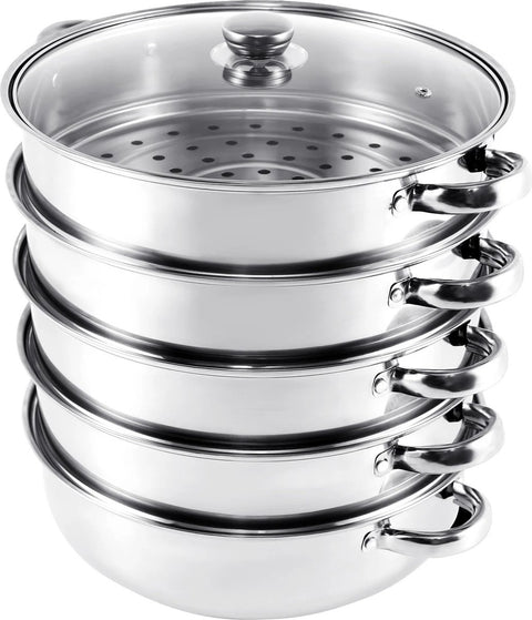 Professionele Stoompan - 5 lagen - Stoomkoker - Ø30cm - Topkwaliteit - RVS - Glazen deksel - Inductie Gas Elektrisch