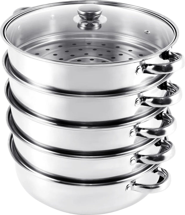 Professionele Stoompan - 5 lagen - Stoomkoker - Ø30cm - Topkwaliteit - RVS - Glazen deksel - Inductie Gas Elektrisch