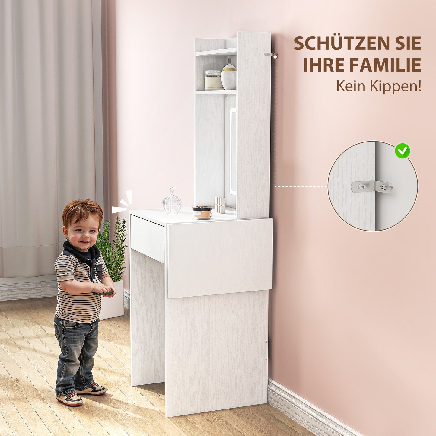 Make-up tafel compact – make-up bureau – beauty tafel – toilettafel – kaptafel wit – inklapbaar tafelblad – LED-verlichting op batterijen