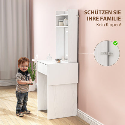 Make-up tafel compact – make-up bureau – beauty tafel – toilettafel – kaptafel wit – inklapbaar tafelblad – LED-verlichting op batterijen