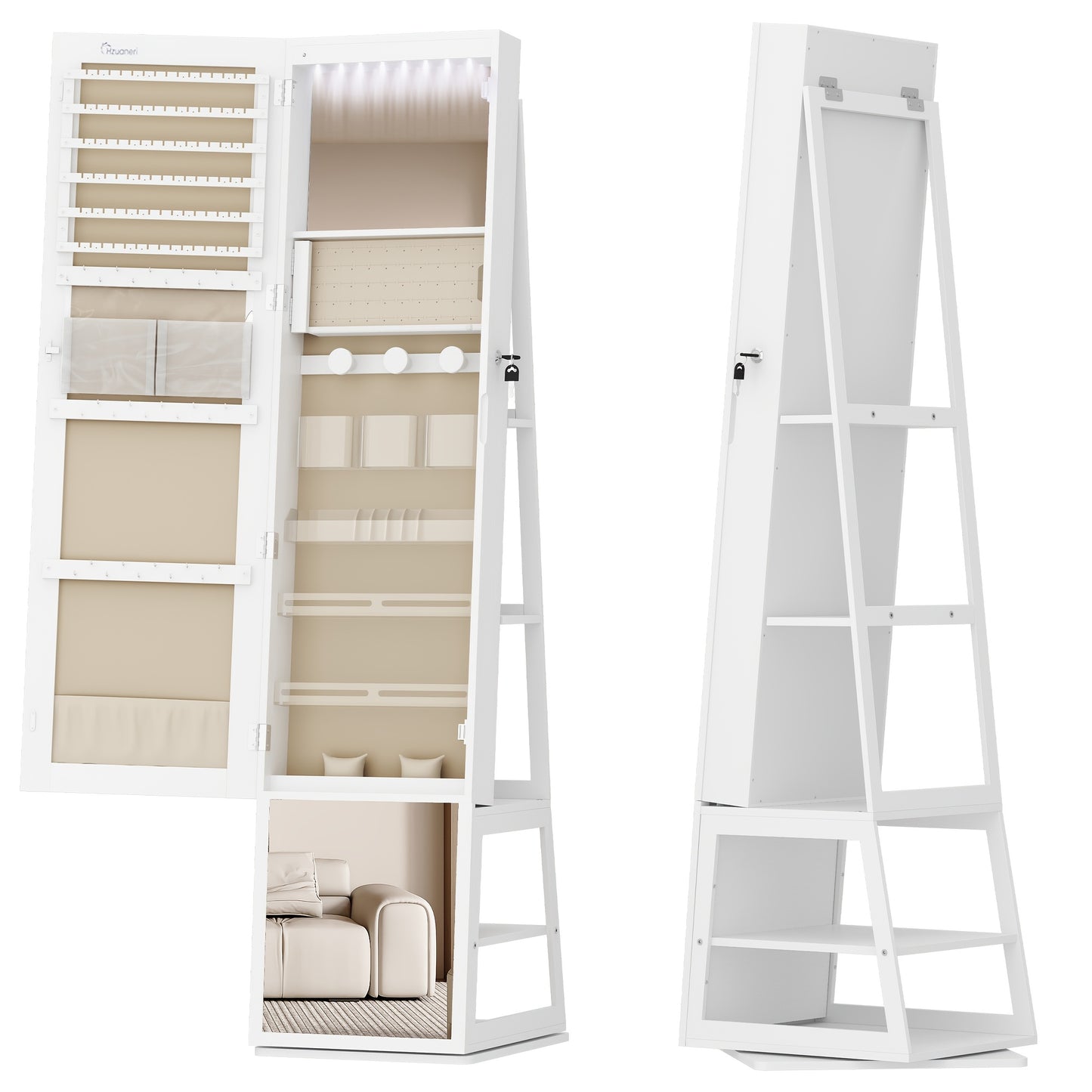 Sieradencabinet – Sieradenkast – Sieradenopberger – Make-up Organizer – Vloerspiegel Kast – Wit Beige – 360° Draaibare Spiegel – Afsluitbaar Met Sleutel