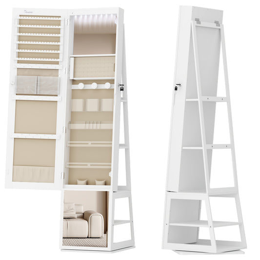 Sieradencabinet – Sieradenkast – Sieradenopberger – Make-up Organizer – Vloerspiegel Kast – Wit Beige – 360° Draaibare Spiegel – Afsluitbaar Met Sleutel