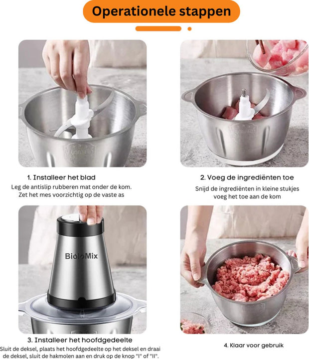 Hakmolen Electrisch - Gehaktmolen - Vleesmolen - Food Processor - Keukenmixer - Hakmolen Elektrisch - Grijs - 500W - 2 Snelheden - Roestvrij staal - 2L