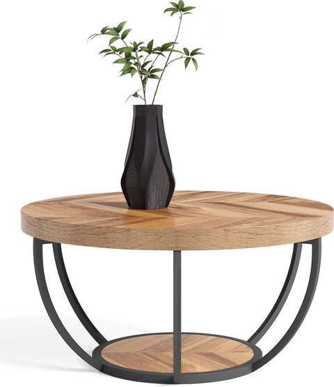 Salontafel - Rond 80 cm - Bijzettafel - Woonkamertafel - Tafel - Koffietafel - Duurzaam - Houtnerf & Zwart - 100% - Banktafel