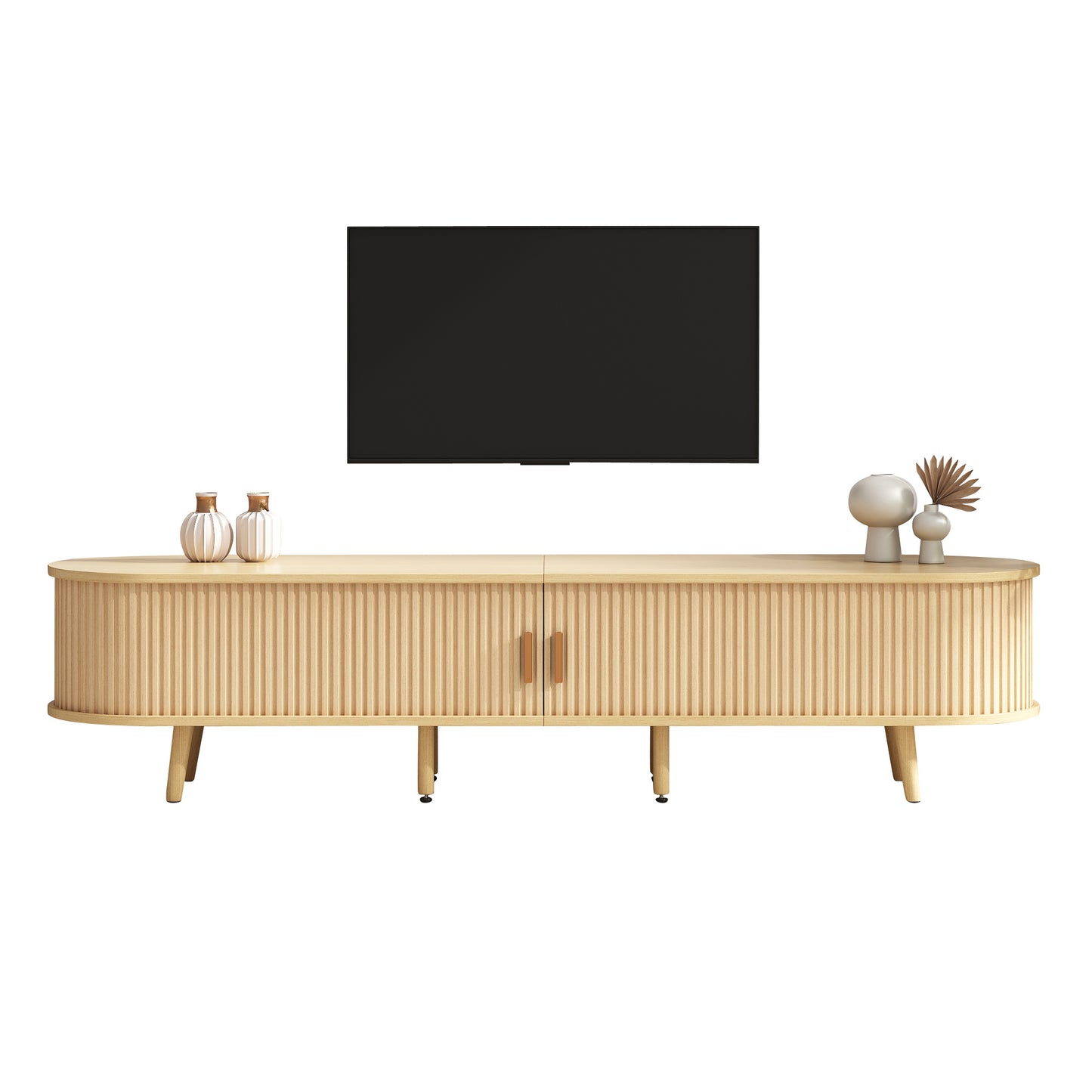 TV Meubel – TV Kast – Lowboard – Dressoir – Media Meubel – Modern Ovaal Design – 175x40x42 CM Mdf – Lichte Walnoot Met 2 Lades en Schuifdeuren
