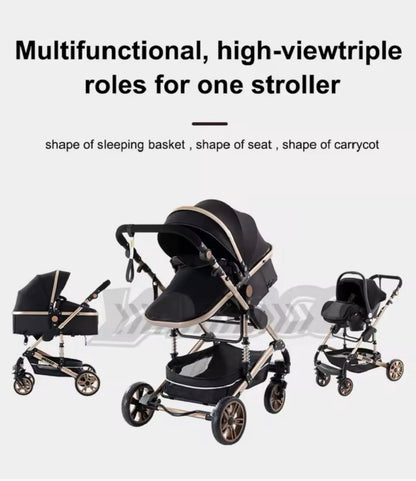 Multifunctionele 3-in-1 Combi Wandelwagen - Opvouwbare Wandelwagen - Autostoel - Inclusief Mamatas - Zwart Goud