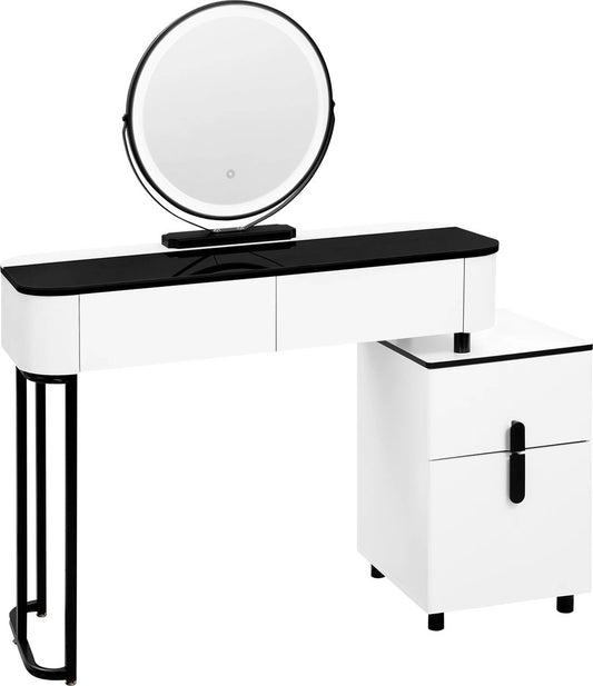 Dressing table - Make up table - Dressing table - Round mirror with LED lighting - Lots of storage space - Black and white - Drawers - Cabinets - 100cm surface - Girls - Women - Multiple configurations possible