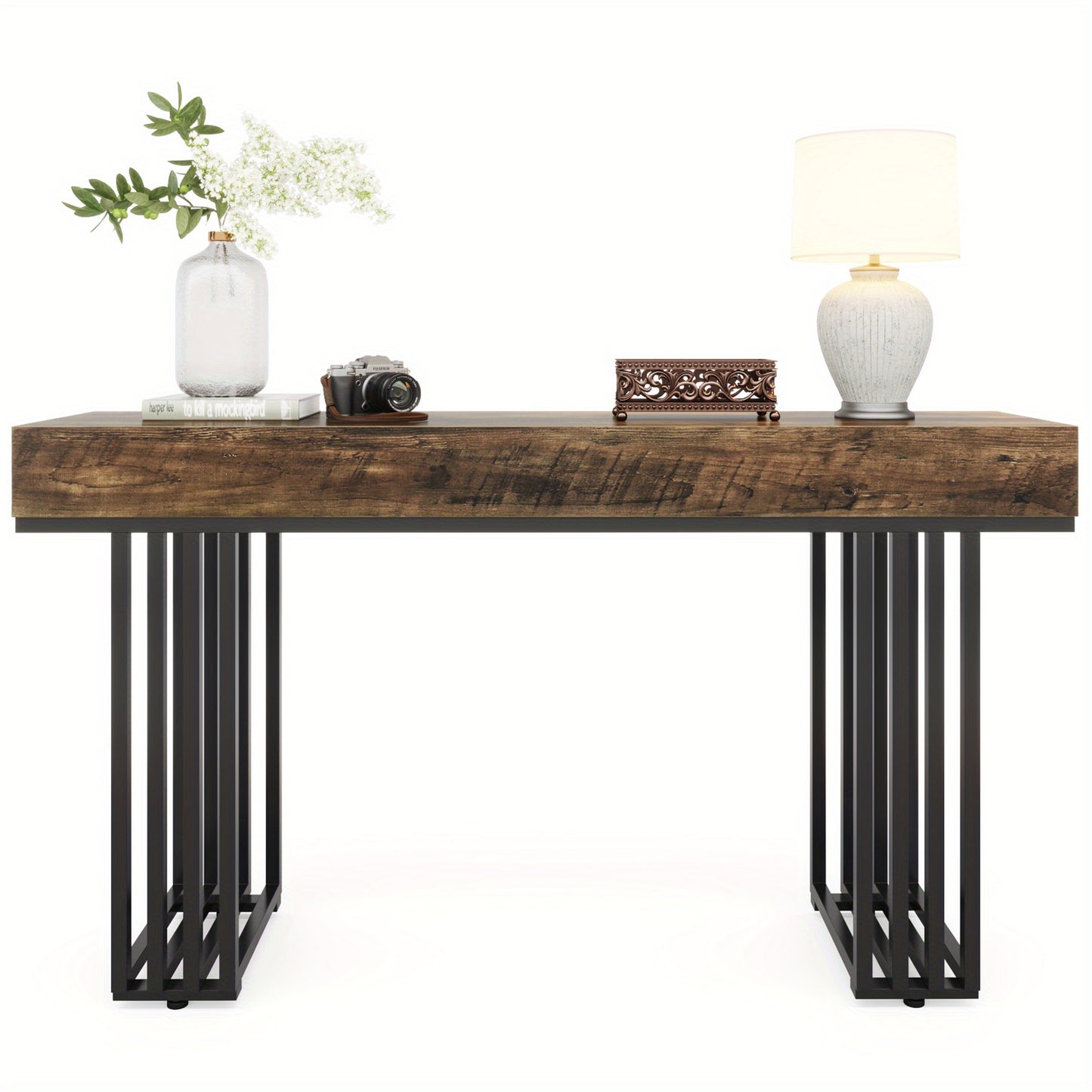 Rustieke Sidetable – Haltafel – Bijzettafel – Entree Tafel – Woonkamer Meubel – Bruin Metalen Frame – Stevig Gefineerd Hout – Compact Ontwerp 69 cm Hoog
