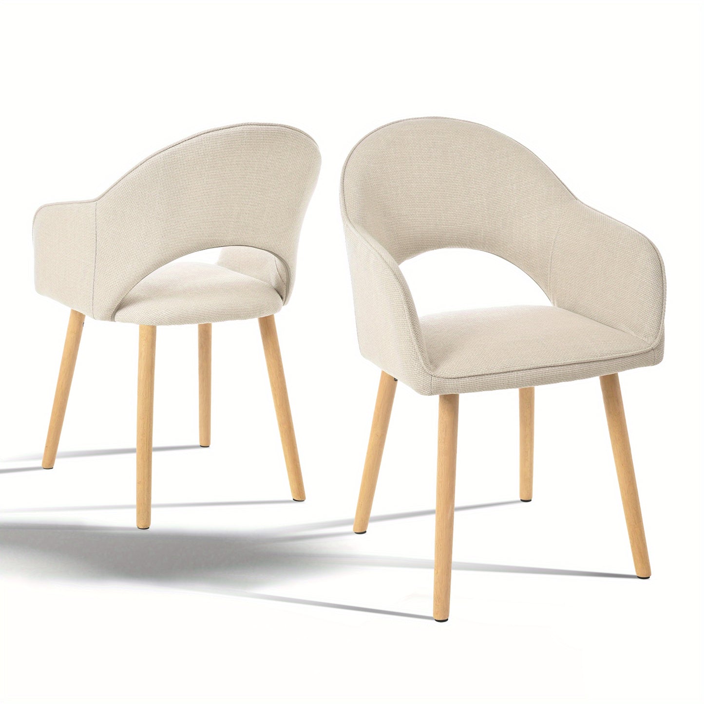 Eetkamerstoel – Stoel – Armstoel – Loungestoel – Zithoekstoel – Set van 2 Beige Polyester – Open Rugleuning met Halve Maan – Stevige Houten Poten