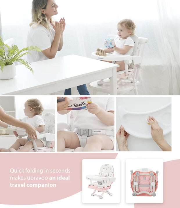 Draagbare kinderstoel - Kinderstoel - Babystoel - Zitverhoger - Kinderstoel verhoger - Verstelbare hoogte - Opvouwbaar - Lichtgewicht - Flamingo - 6 tot 36 maanden - Roze - Wit