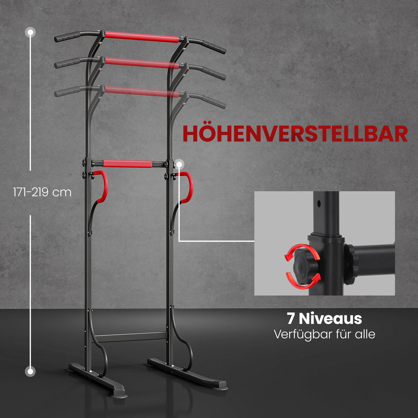 Verstelbare Power Tower – Dipstation – Pull-Up Bar – Fitnessrek – Krachtstation – Zwart Rood – Stevig Stalen Frame – Antislip Zuignappen