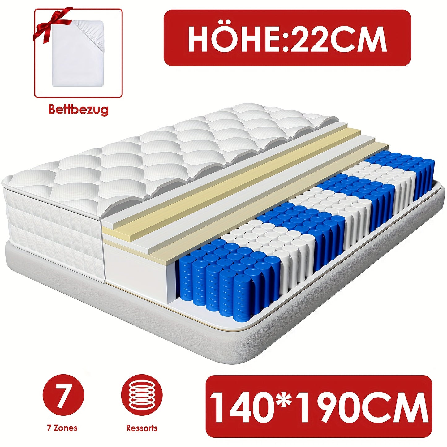 Matras – Pocketveringmatras – Tweepersoonsmatras – 7-Zones Matras – Koudschuimmatras – 140x190/90x200 cm – Stevig H3 Ligcomfort – Afneembare Wasbare Katoenen Hoes