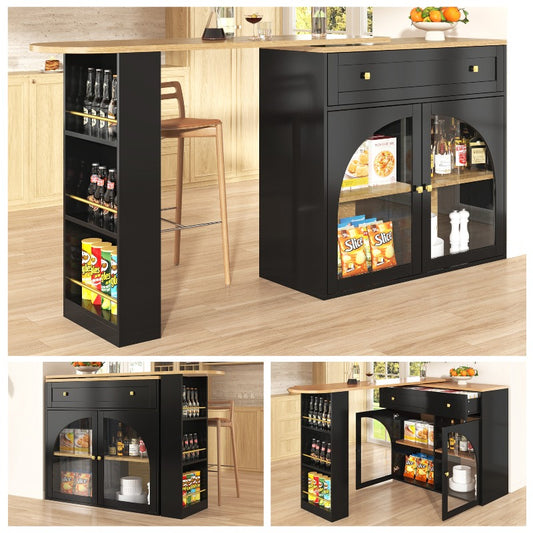 Uitschuifbare Bartafel – Hoge Tafel – Keukeneiland – Bistrotafel – Opberggedeelte – 138-204x39x104 cm – 360° Draaibaar – Modern Zwart Glas