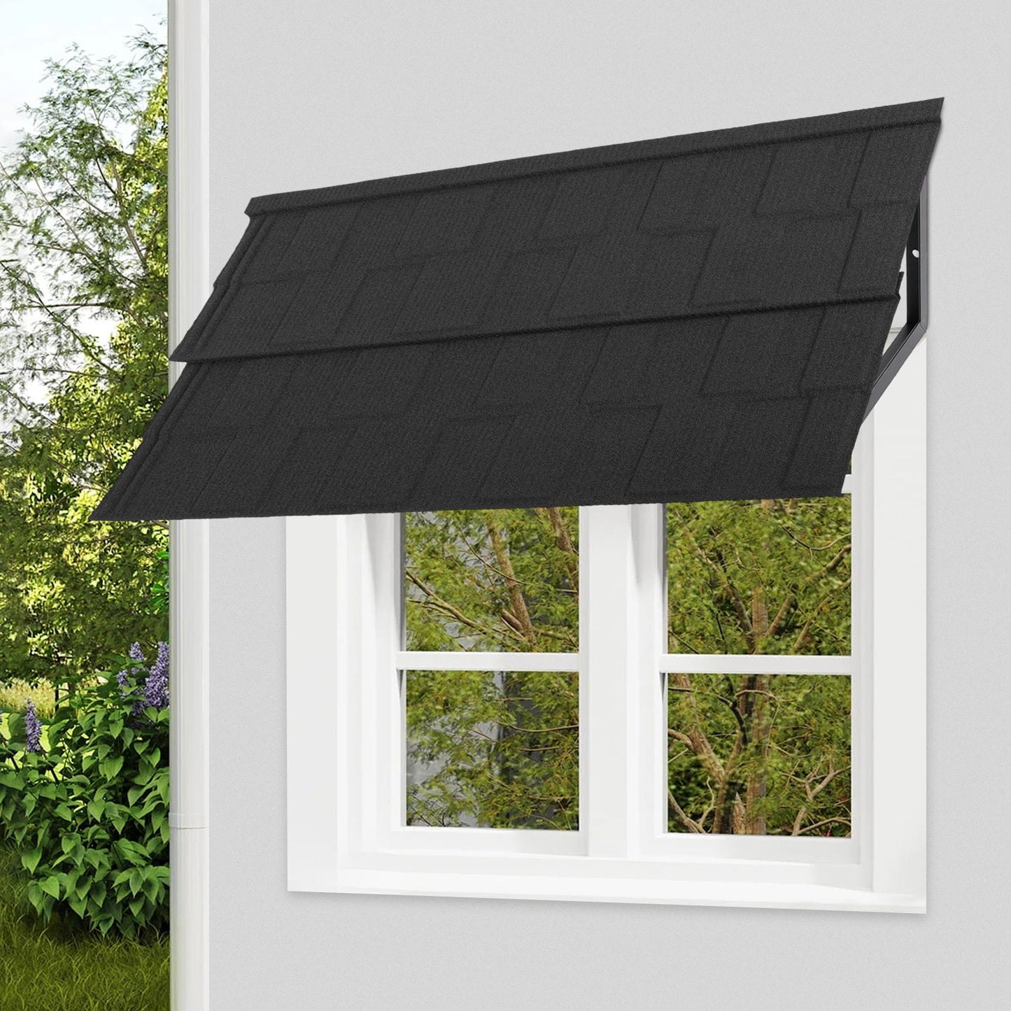 2pcs Metal Tile Shaped Awnings | Black, Window Awnings by NaMaSyo, Size 134*42CM