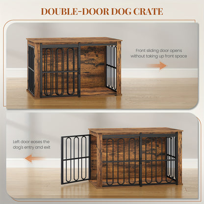 Hondenbench – Hondenkooi – Huisdierbench – Hondenhok – Bijzettafel – Dubbele Deuren Met Schuifsluiting – Stevig Wit-Bruin Design 60x100x62,4 cm
