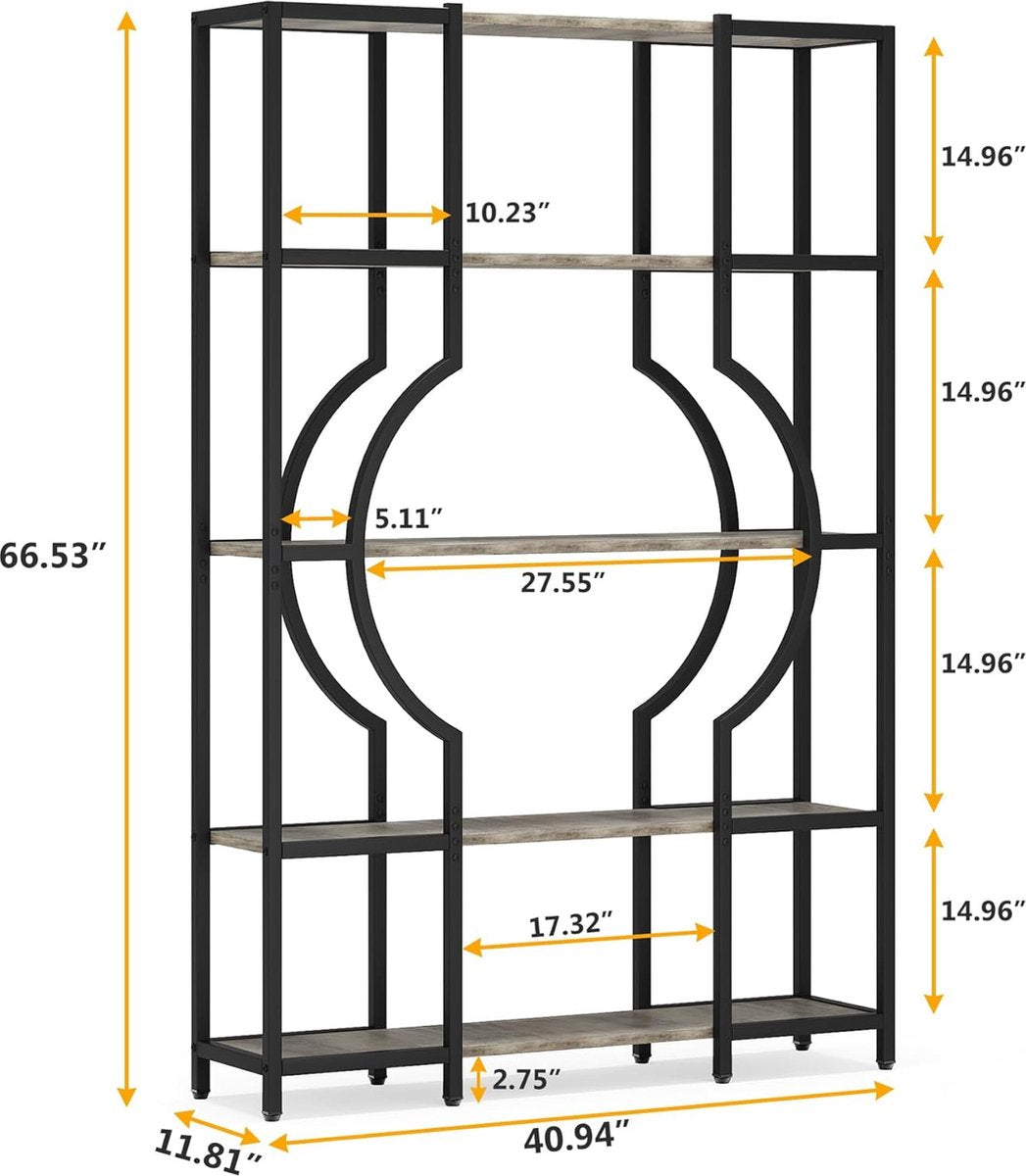 Boekenkast - Boekenrek met 5 Planken - Industrieel Vintage - Kasten Spaanplaat - Grijs en Zwart - 100 x 30 x 180 cm