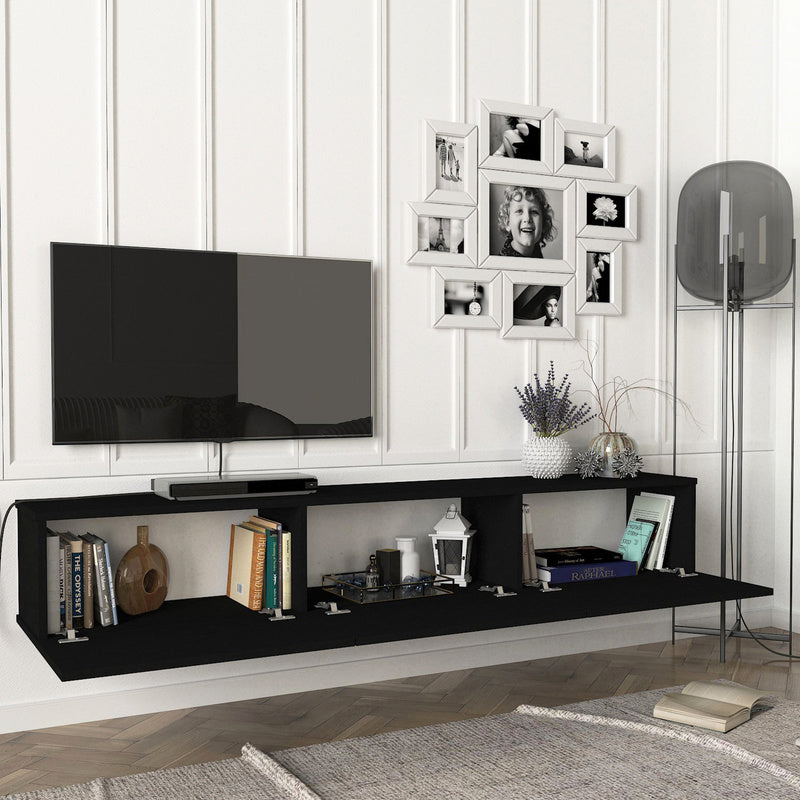 TV Meubel – TV Kast – TV Dressoir – Mediameubel – Hangend TV Meubel – Zwart & Eiken – 180x31x29,5 cm – 3 Opslagvakken