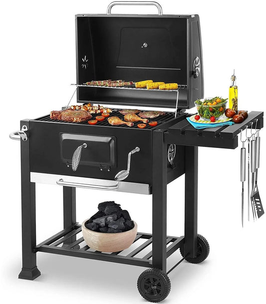 Houtskoolbarbecue - Outdoor Camping BBQ Grill - Offset Roker met deksel - Onderplankventilatie verstelbaar, flesopener - 116 cm