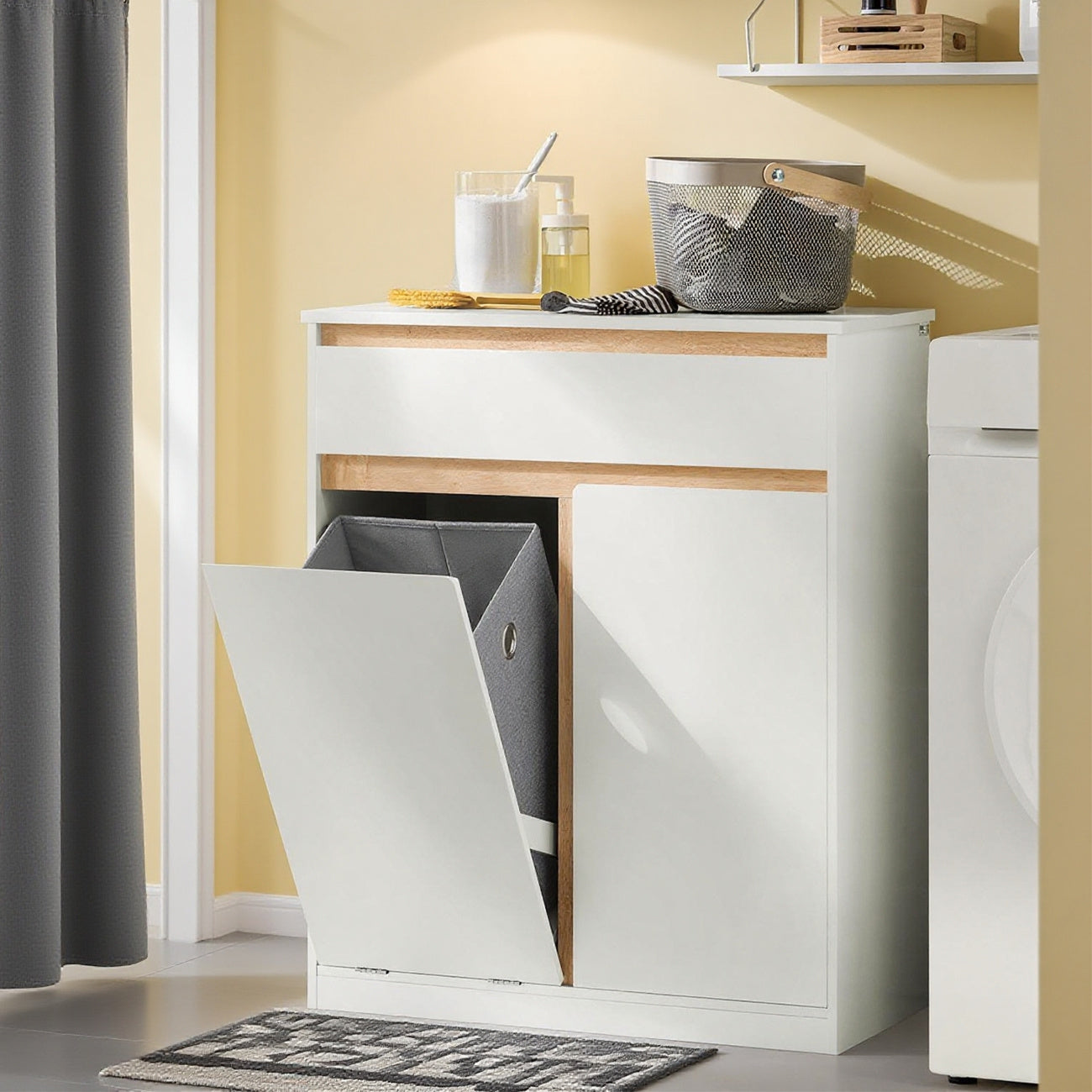 Wasmandkast – Wasmand – Wasbox – Wassorteerder – Waszak – Opvouwbare Waszak – MDF & Rubberhout – Compact 71x85x33 cm