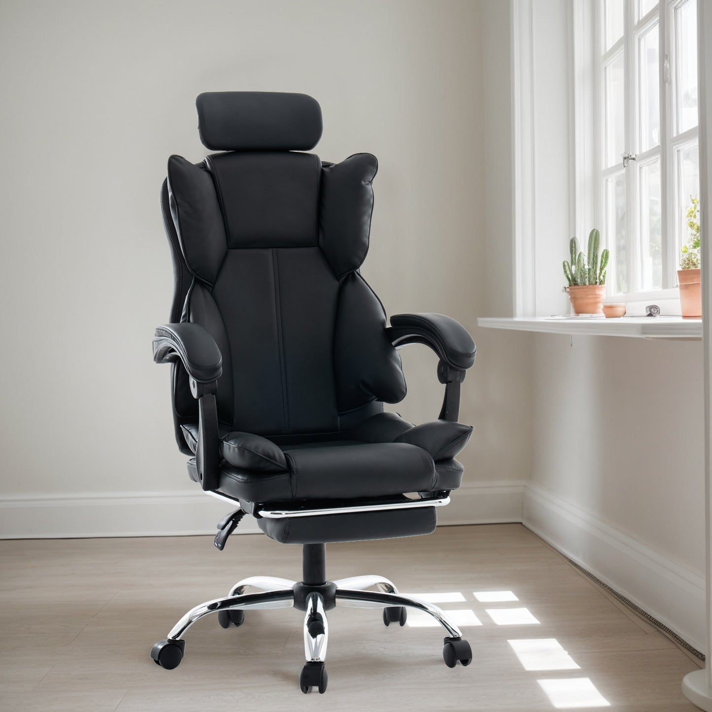 Gamingstoel – Bureaustoel – Kantoorstoel – Gamestoel – Computestoel – Verstelbaar in Hoogte – PU Leer Met Zachte Schuimvulling – Zwart Met Wit Randje – Ergonomische Rugondersteuning – 5-Wiel Basis Voor Tapijt