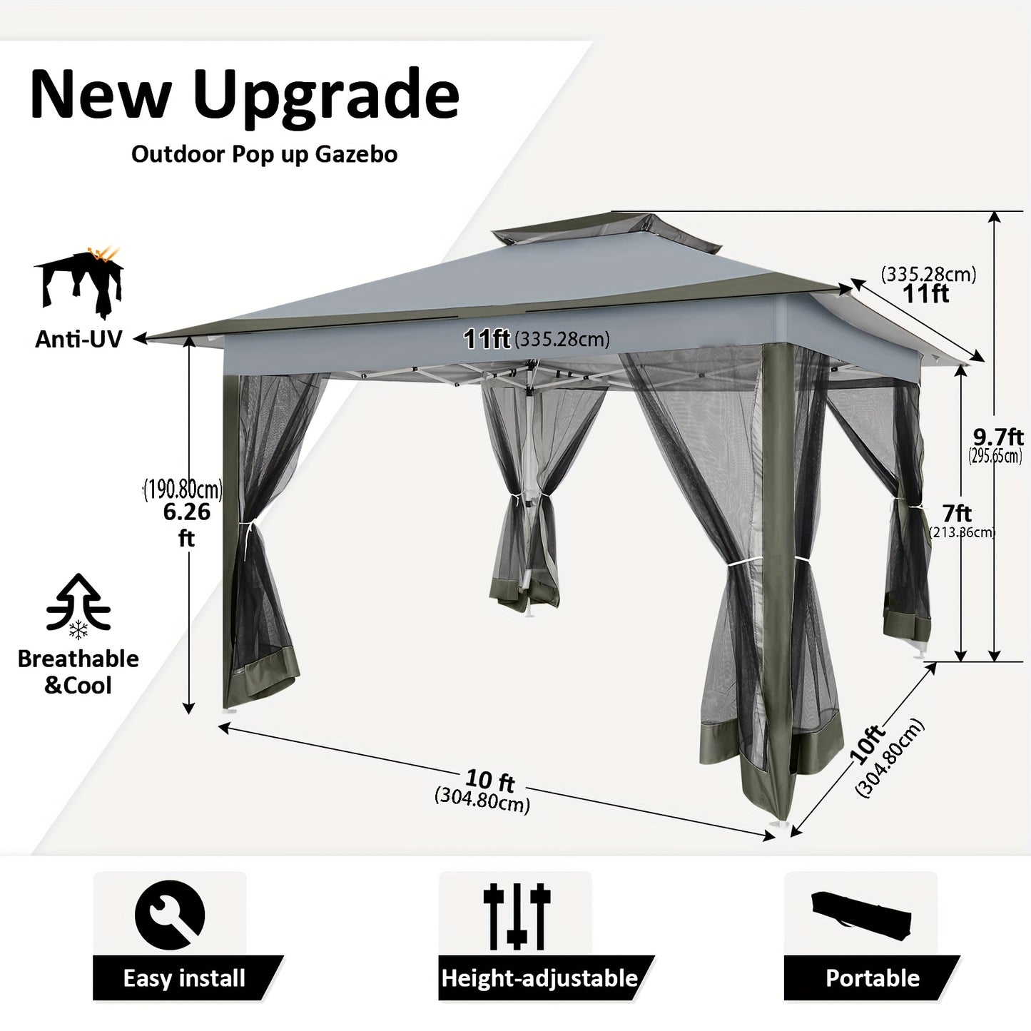 Partytent – Pop-up Tent – Camping Tent – Tuinkamer – Paviljoen – 3,66x3,66 m – Afneembare Muskietennetten – Dubbel Dakontwerp – Verstelbare Hoogte