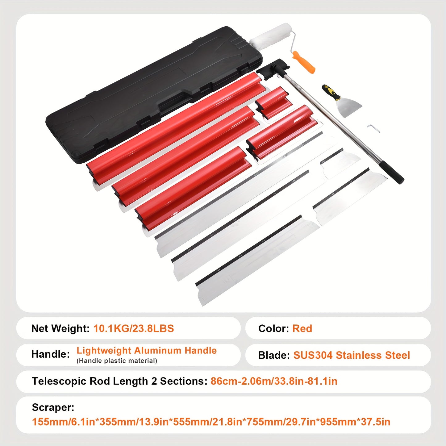 Plamuurmes – Plamuurspatel – Spatel – Kitmes – Schraper – Verstelbare Lengte 86-206 cm – Quick-Change Roestvrijstalen Messen – Rood