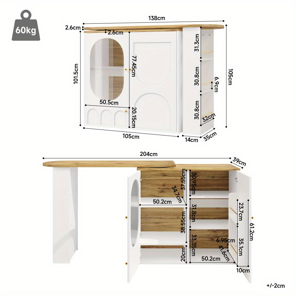 Modern White Metal 360° Rotating Bar Table with Storage - Heavy-Duty Commercial/Residential Use, 3-Door Cabinet with Removable Dividers, Space-Saving Design, Easy Assembly, 138x39x102cm, Ideal for Home Bars, Kitchens, Restau