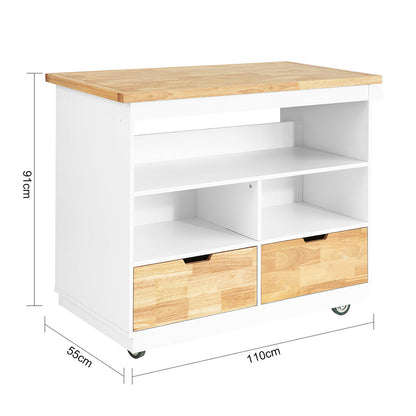 Keukentrolley – Keukenwagen – Serveerwagen – Opbergwagen – Rolwagen – MDF Hout – Ruim Werkblad 110x55 cm – 2 Lades & Kruidenrekken