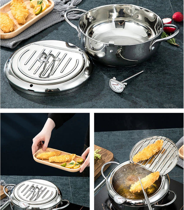 Kleine Frituurpan - Mini Friteuse - Mini Frituurpan - 2,2 Liter -Roestvrij Staal - Japanse frituurpan - met Thermometer - en Deksel Keuken Tempura Frituurpan - Kookpot