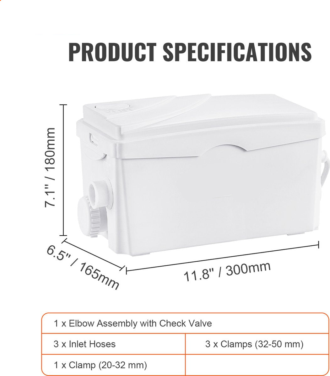 Afvalwaterpomp – 350W – 6000 L/U Debiet – 7M Opvoerhoogte – Hittebestendig en Antimicrobieel – Met 3 Waterinlaten voor Kelder - Keuken - Gootsteen - Douche en Badkuip