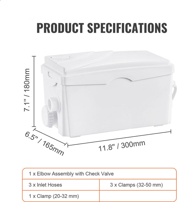 Afvalwaterpomp – 350W – 6000 L/U Debiet – 7M Opvoerhoogte – Hittebestendig en Antimicrobieel – Met 3 Waterinlaten voor Kelder - Keuken - Gootsteen - Douche en Badkuip