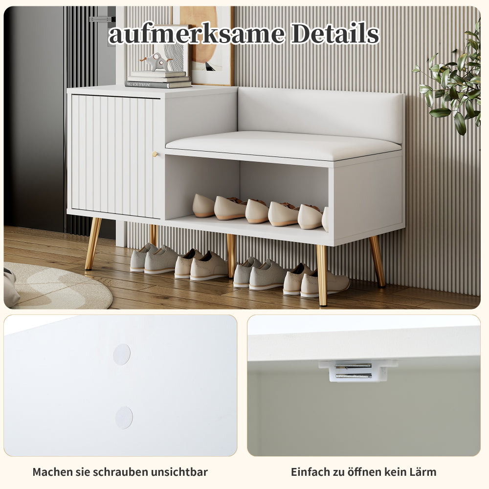 Schoenenbank – Schoenenkast – Schoenenrek – Halbank – Opbergmeubel – Wit Met Gouden Accenten – Comfortabel Gestoffeerd Zitvlak – Stevig Metalen Onderstel