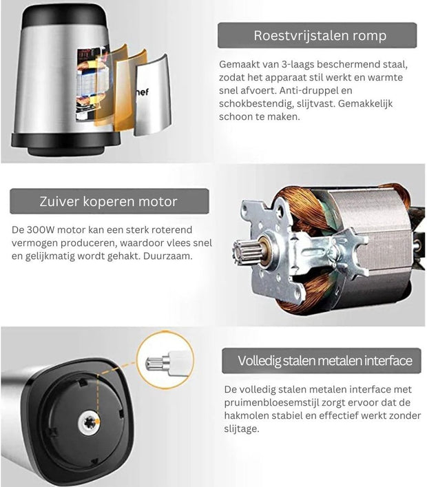 Elektrische Groentesnijder Multifunctioneel - Uiensnijder - Keukenmachine - Elektrische Vleesmolen - met 4 Vleugels - Roestvrijstalen Messen - 8-Kops Roestvrijstalen Kom voor Babyvoeding - Zilver