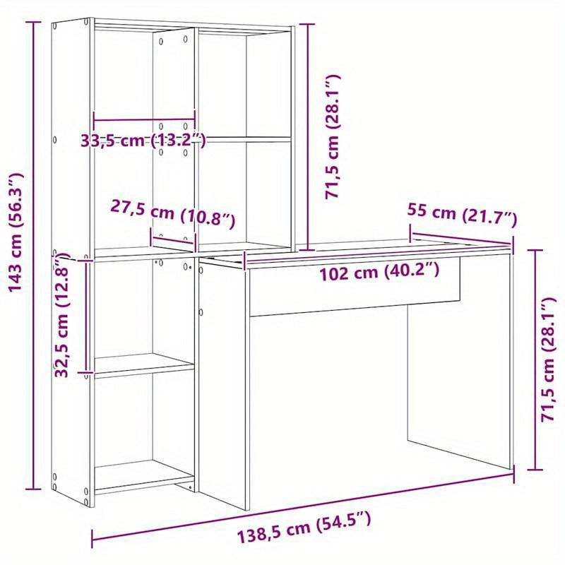 Bureau – Schrijftafel – Computertafel – Werkplek – Meubel – Wit Gelakt – Ruim Werkblad 138,5x55 cm – Met Opbergrekken 143 cm Hoog