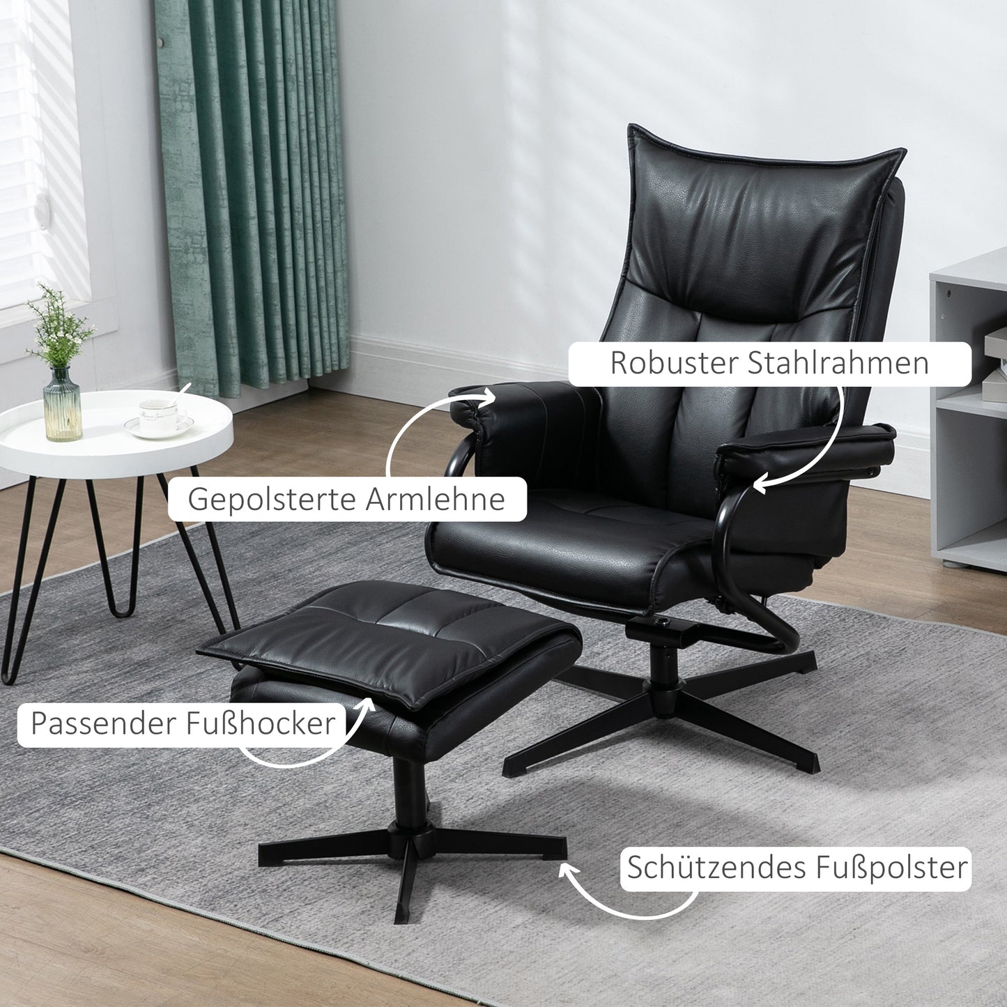 Draaifauteuil – Relaxstoel – Loungestoel – Fauteuil Met Voetenbank – Zwarte Fauteuil – 360° Draaibaar – Verstelbare Rugleuning Tot 135°