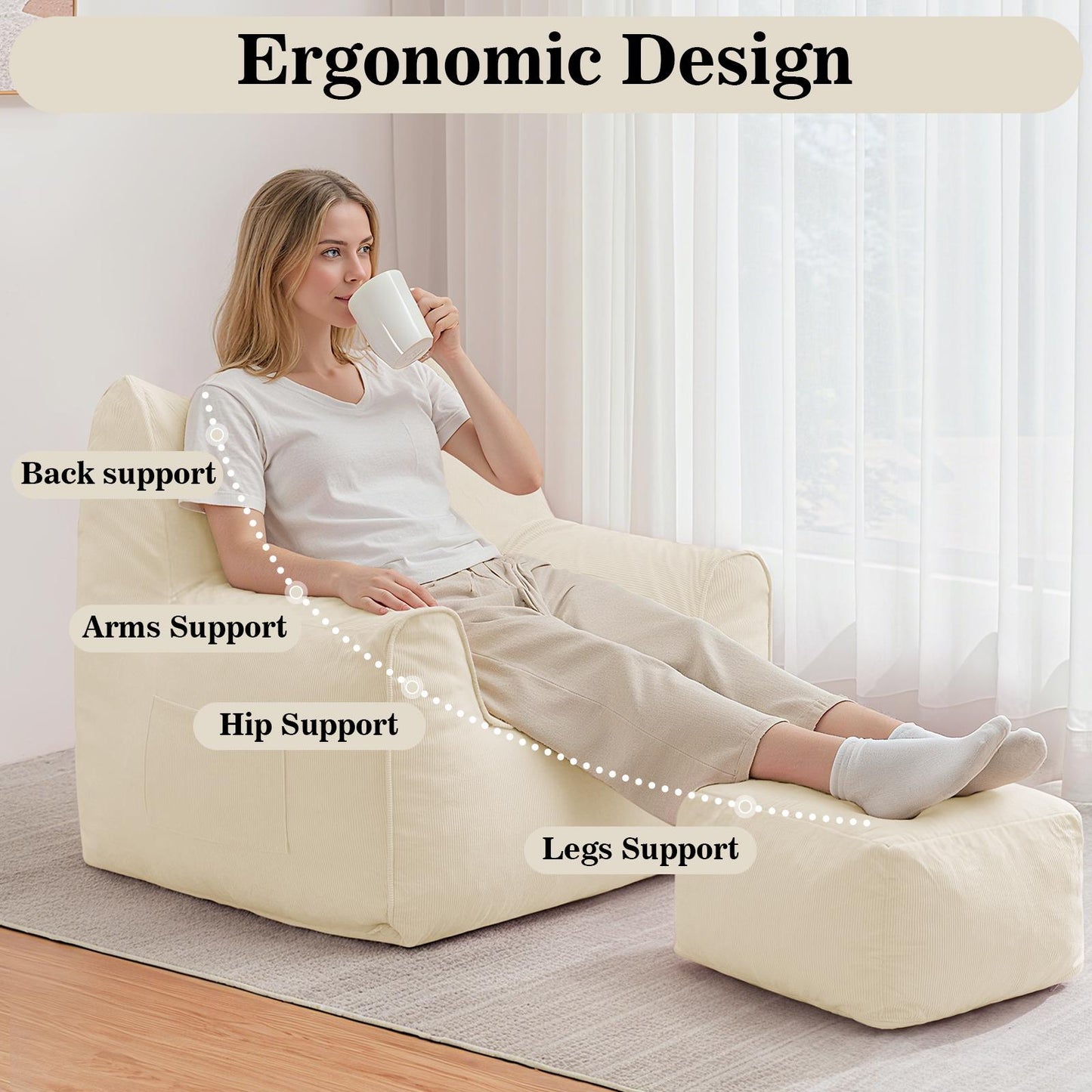 Zitzak – Relaxzetel – Loungestoel – Fauteuil – Poef – Beige – Ergonomisch Ontwerp Met Memory Foam – Afneembare Wasbare Corduroy Hoes