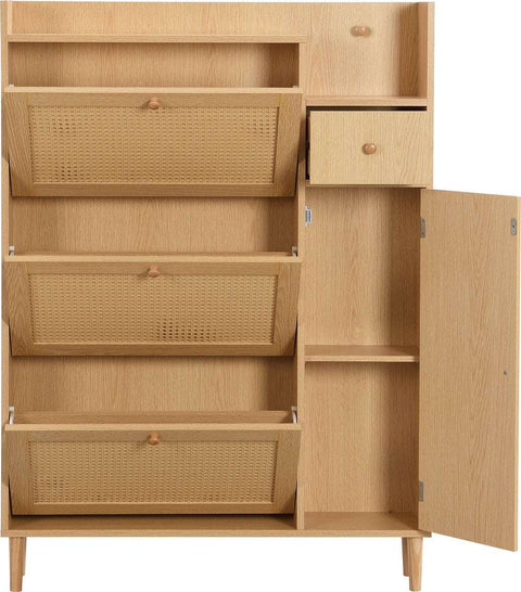 Houten Rotan Schoenenkast - Schoenenkast met 3 Schuine Deuren en 1 Lade - Massief Houten Poten en Handgrepen - Voor Smalle Ingangen - 90 x 125 x 17 cm