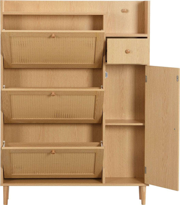 Houten Rotan Schoenenkast - Schoenenkast met 3 Schuine Deuren en 1 Lade - Massief Houten Poten en Handgrepen - Voor Smalle Ingangen - 90 x 125 x 17 cm