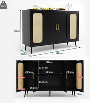 Sideboard Buffet Cabinet Hall Cabinet with storage space and blister doors rattan wooden for kitchen and living room Black