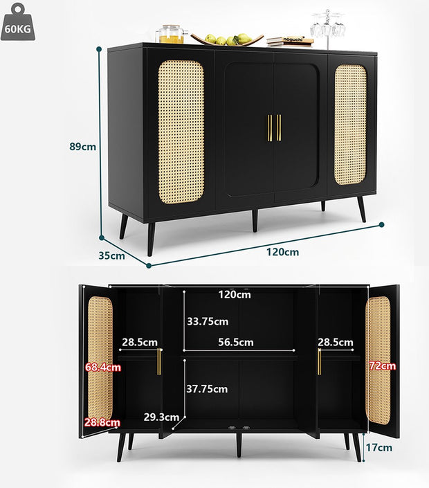 Sideboard Buffet Cabinet Hall Cabinet with storage space and blister doors rattan wooden for kitchen and living room Black