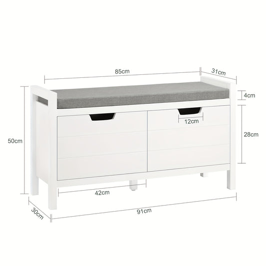 Schoenenkastje – Schoenopberger – Schoenbankje – Schoenenrek – Halmeubel – Wit – MDF Met Houten Poten – Afneembaar Grijs Zitkussen – Draagvermogen 100 kg