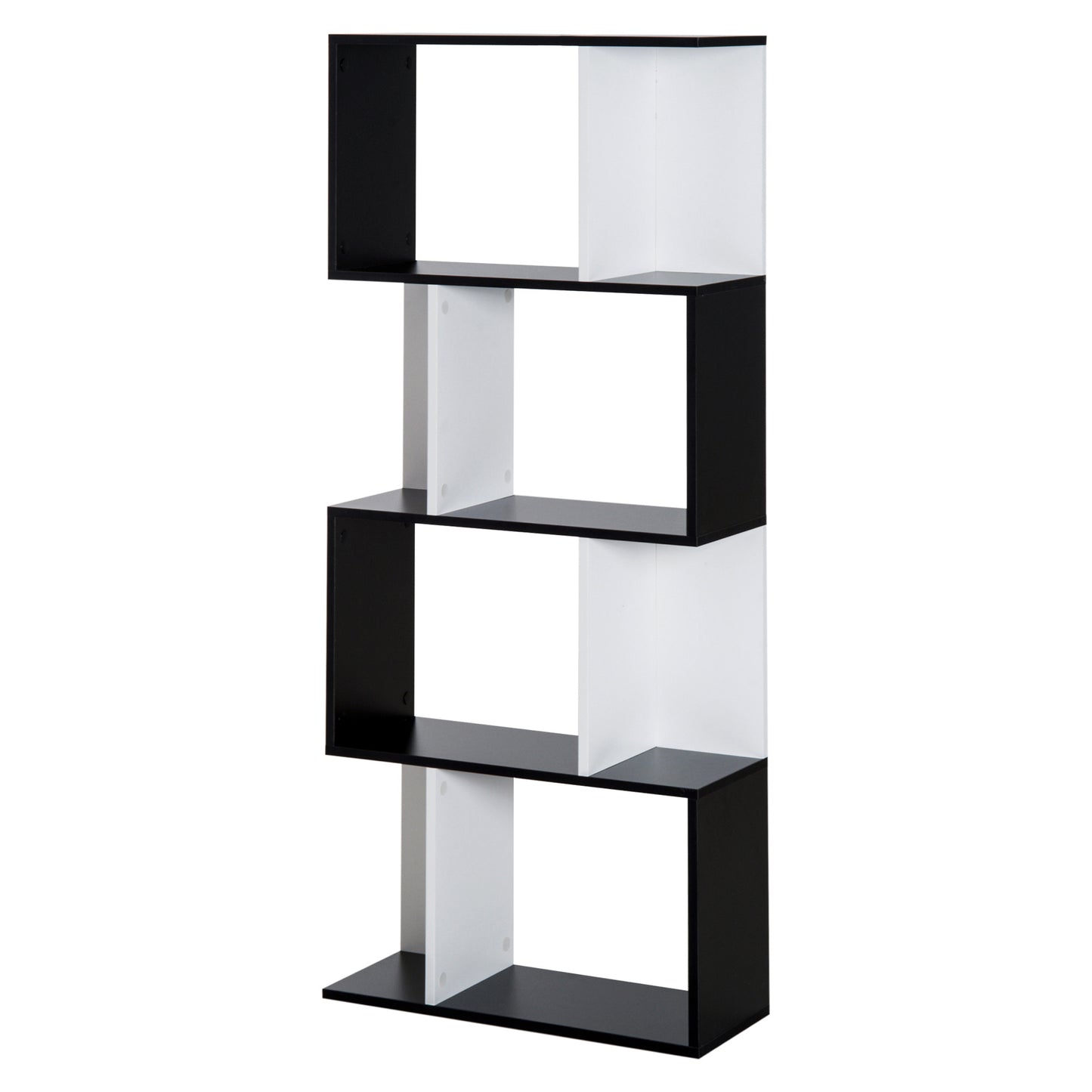Boekenplank – Boekenrek – Wandplank – Wandkast – Opbergkast – S-vormig Design – 4 Planken – Zwart-Wit – Anti-Kantelapparaat – 60x24x148 cm