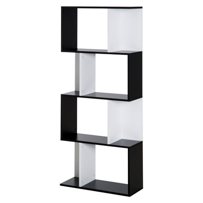 Boekenplank – Boekenrek – Wandplank – Wandkast – Opbergkast – S-vormig Design – 4 Planken – Zwart-Wit – Anti-Kantelapparaat – 60x24x148 cm
